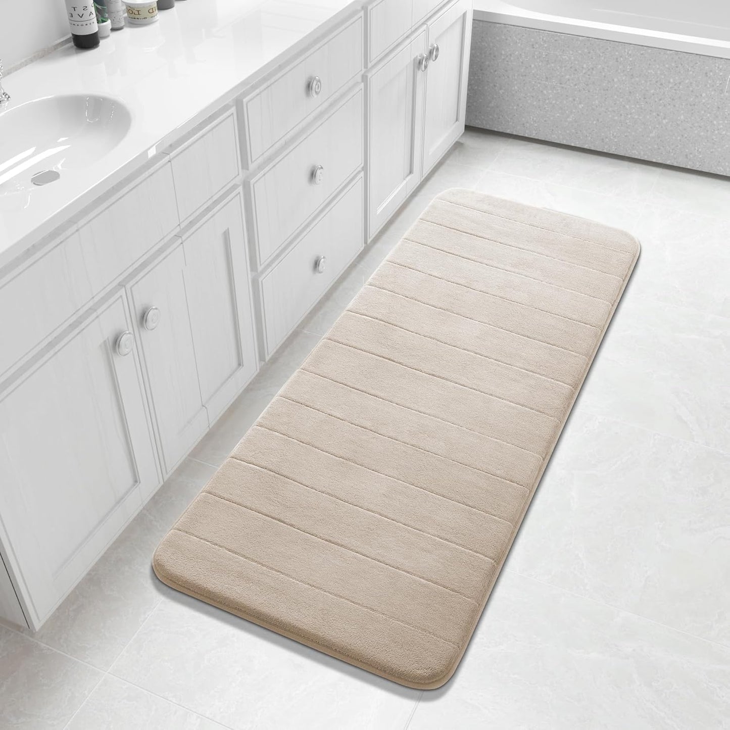 Yimobra Bathroom Runner 55"x24", Non Slip Memory Foam Bath Mat, Super Soft Water Absorbent Hallway Carpet, Machine Washable Rug for Vanity Tub Shower, Beige