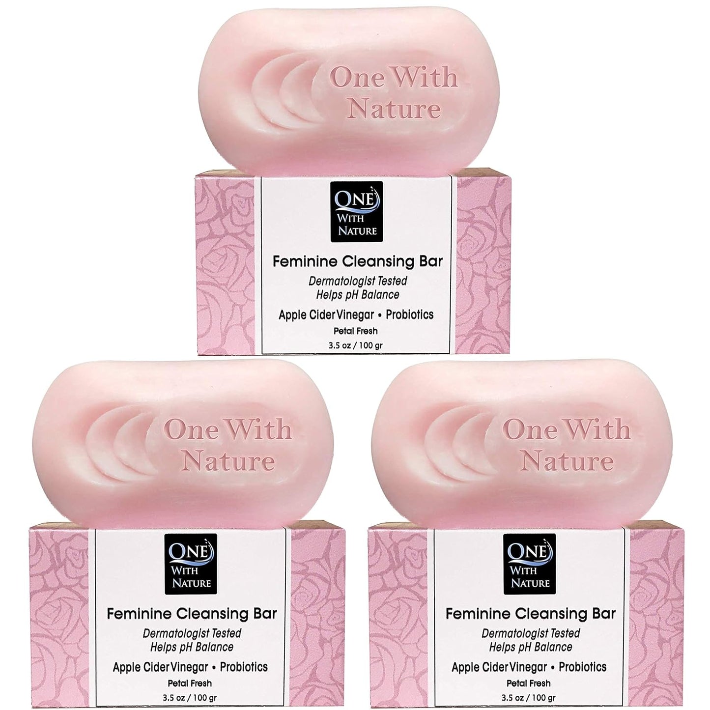 One With Nature Feminine Cleansing Bar, Rose Petal Fresh 3.5oz Bar 3Pack, Dermatologist Tested, Probiotics, Apple Cider Vinegar, Omega Fatty Acids, Oatmeal, Gentle Cleanser for Face, Body