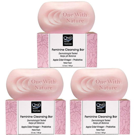 One With Nature Feminine Cleansing Bar, Rose Petal Fresh 3.5oz Bar 3Pack, Dermatologist Tested, Probiotics, Apple Cider Vinegar, Omega Fatty Acids, Oatmeal, Gentle Cleanser for Face, Body