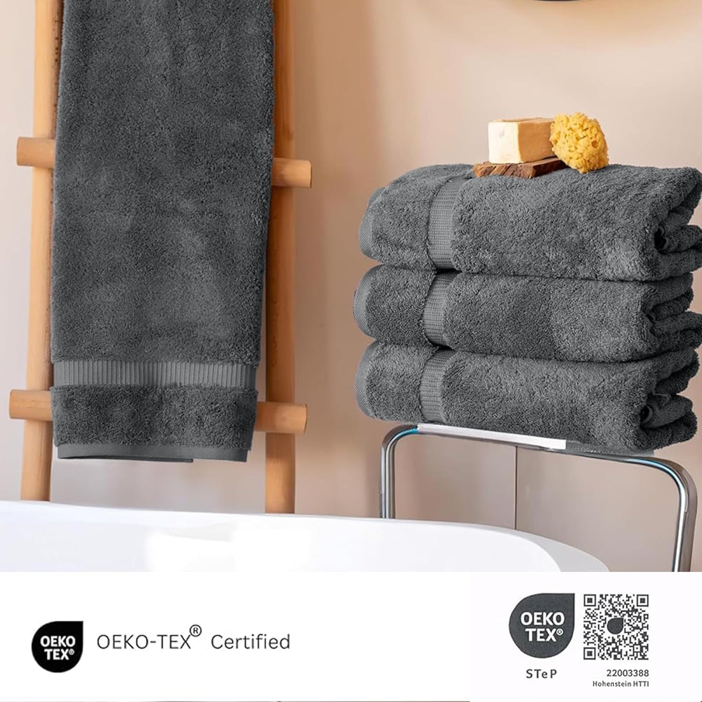 SALBAKOS 100% Turkish Cotton Bath Towel Set of 4 27x54 inch | Heirloom Quality | Hotel & Spa Collection | Ultra Soft, Super Absorbent, Long Lasting Bath Towels | Made in Turkey (Gray, 4 Bath Towels)