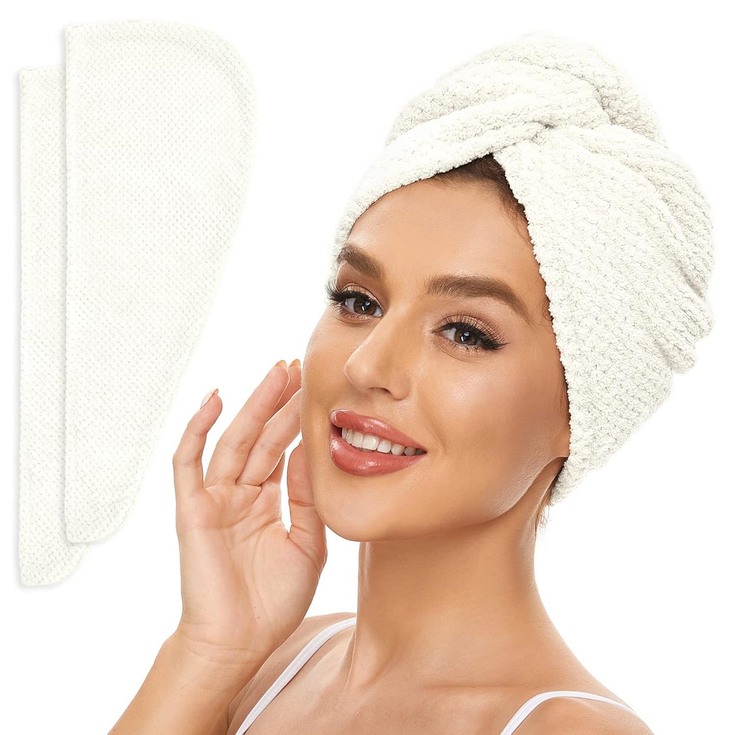 2 Pack Microfiber Hair Towel Wrap for Women, Anti Frizz Quick Drying Hair Turban for All Hair Style, Absorbent and Lightweight (Ivory)