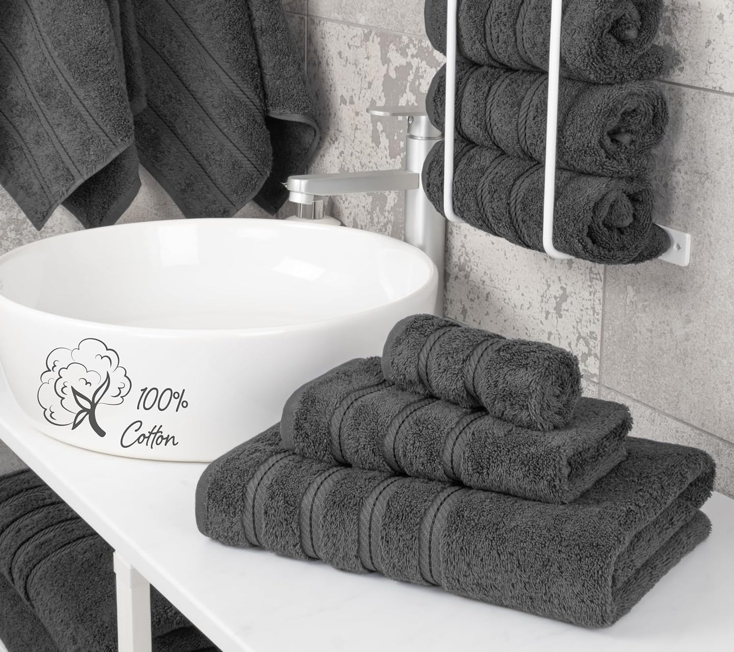 American Soft Linen Premium 3 Piece Towel Set, 1 Bath Towel 1 Hand Towel 1 Washcloth, 600 GSM 100% Cotton Turkish Towels for Bathroom, Dark Gray Towel Set