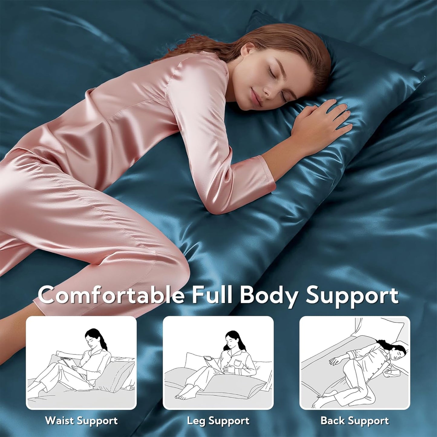 MR&HM Satin Body Pillow Cover, Soft and Breathable Body Pillow Case with Envelope Closure, Cooling and Silky Long Pillowcase for Hair and Skin,Grey (20x54, Teal)