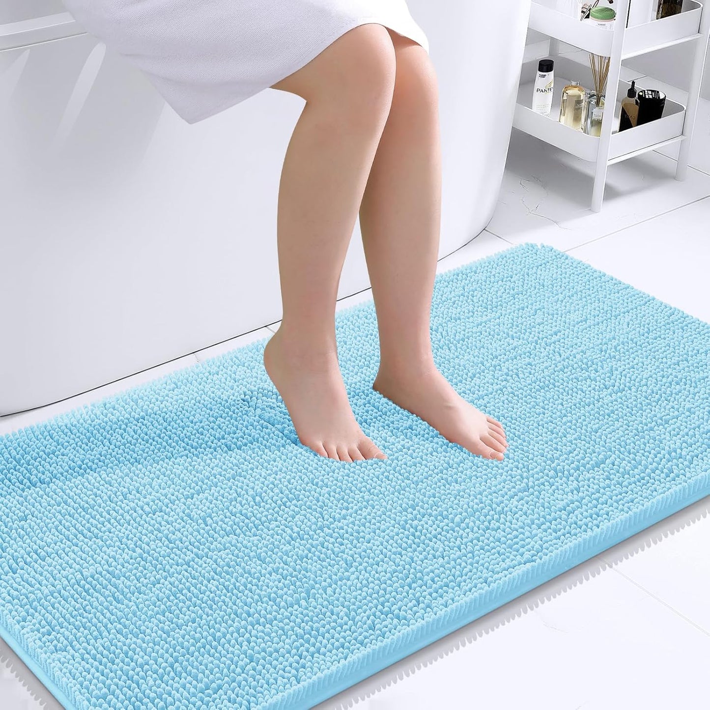 OLANLY Bathroom Rugs 44x24, Extra Soft Absorbent Chenille Bath Rugs, Rubber Backing Quick Dry, Machine Washable Bath Mats for Bathroom Floor, Tub and Shower, Home Decor Accessories, Sky Blue