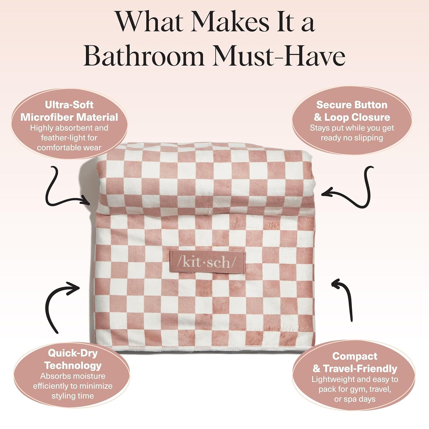 Kitsch XL Microfiber Hair Towel Wrap for Women – Ultra Absorbent Microfiber Towel for Wet, Curly, Long or Short Hair – Quick Dry, Anti-Frizz Hair Wrap – Terracotta Checkered, 40x24 inches