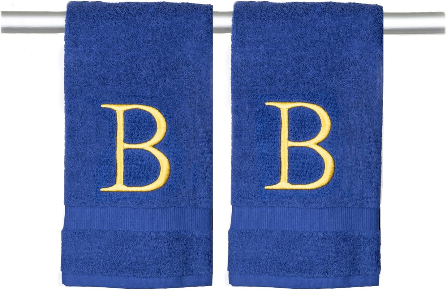 Navy and Gold Bathroom Hand Towel - Monogrammed Luxury Hotel Quality Decorative Embroidered Towel for Powder Room, Spa - GOTS Organic Certified - Pack of 2, Letter B