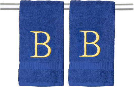 Navy and Gold Bathroom Hand Towel - Monogrammed Luxury Hotel Quality Decorative Embroidered Towel for Powder Room, Spa - GOTS Organic Certified - Pack of 2, Letter B