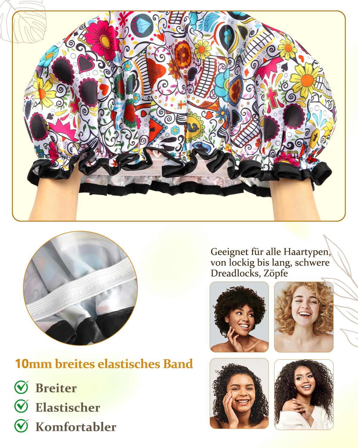 mikimini Shower Cap for Women Reusable Waterproof, Hair Cap for Shower with Double Layers, Stylish Vibrant Designed Shower Bonnet for Medium Thick Hair, Medium, 2 Pieces