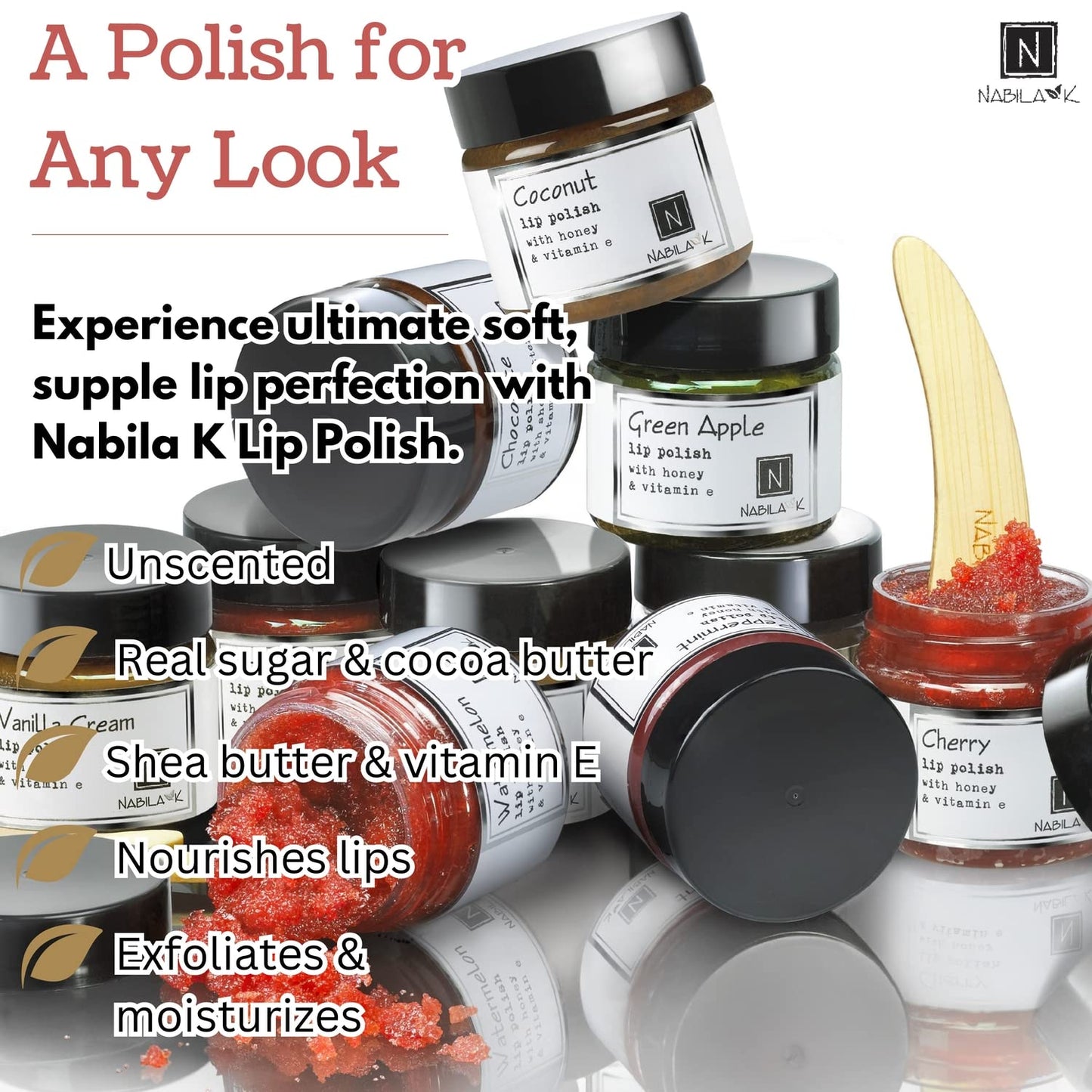 Brown Sugar Lip Polish, 1 oz by Nabila K - Hydrating Lip Exfoliator & Moisturizer with Honey and Vitamin E for Dry and Chapped Lips - Cruelty-Free, Real Sugar, Made in USA