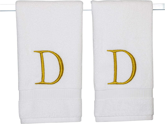 Monogrammed Hand Towels for Bathroom - Luxury Hotel Quality Personalized Initial Decorative Embroidered Bath Towel for Powder Room, Spa - GOTS Organic Certified - Set of 2 Gold Letter D