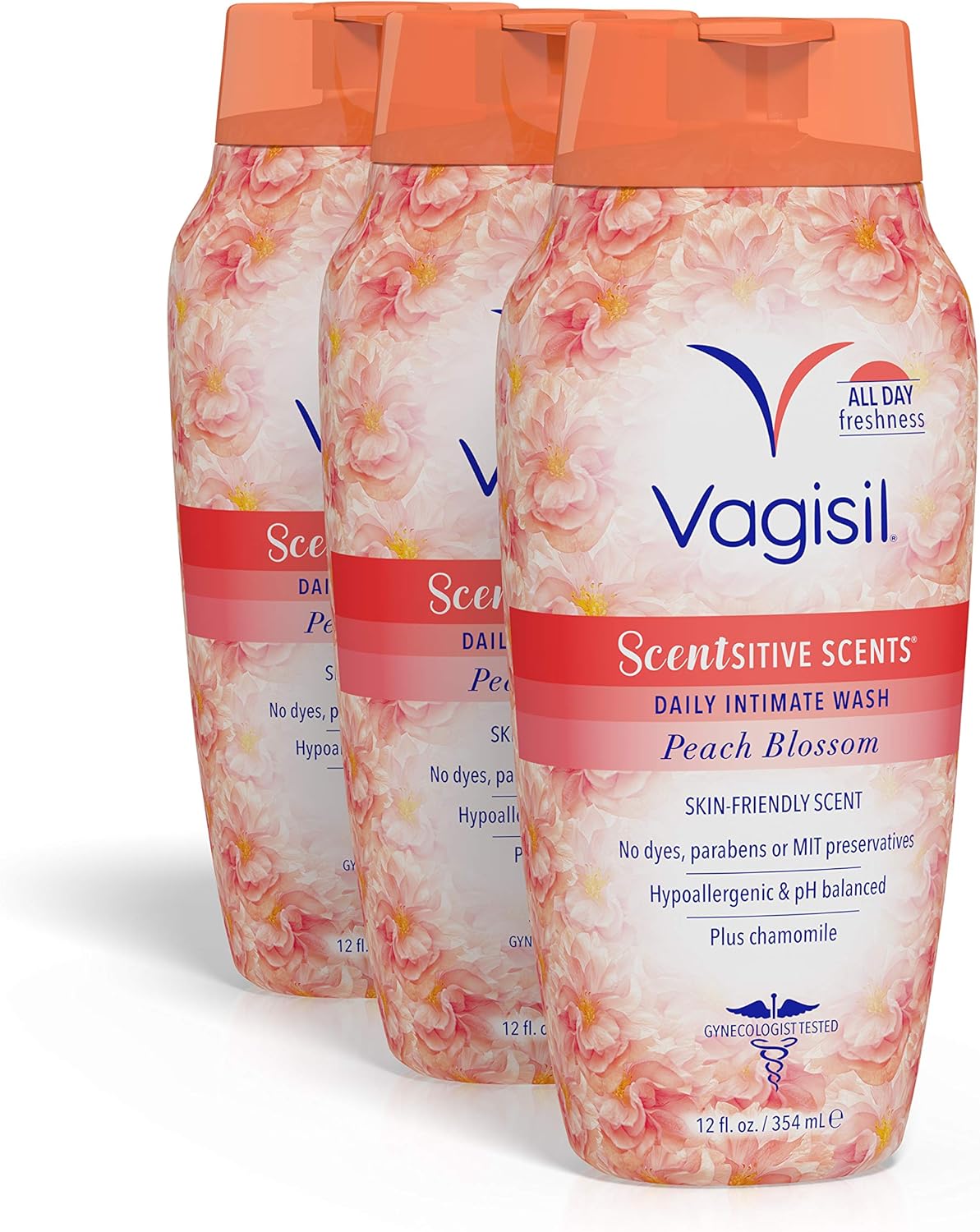 Vagisil Feminine Wash for Intimate Area Hygiene, Scentsitive Scents, pH Balanced and Gynecologist Tested, Peach Blossom, 12 oz (Pack of 3)