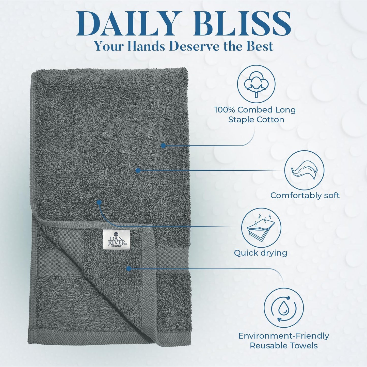 DAN RIVER 6-Pack Premium Hand Towels (16x28 Inches) - 100% Cotton, Ultra Soft, Lightweight, Highly Absorbent Towels for Bathroom, Spa, Gym, Salon, Hotel, and Travel - 550 GSM – Gray
