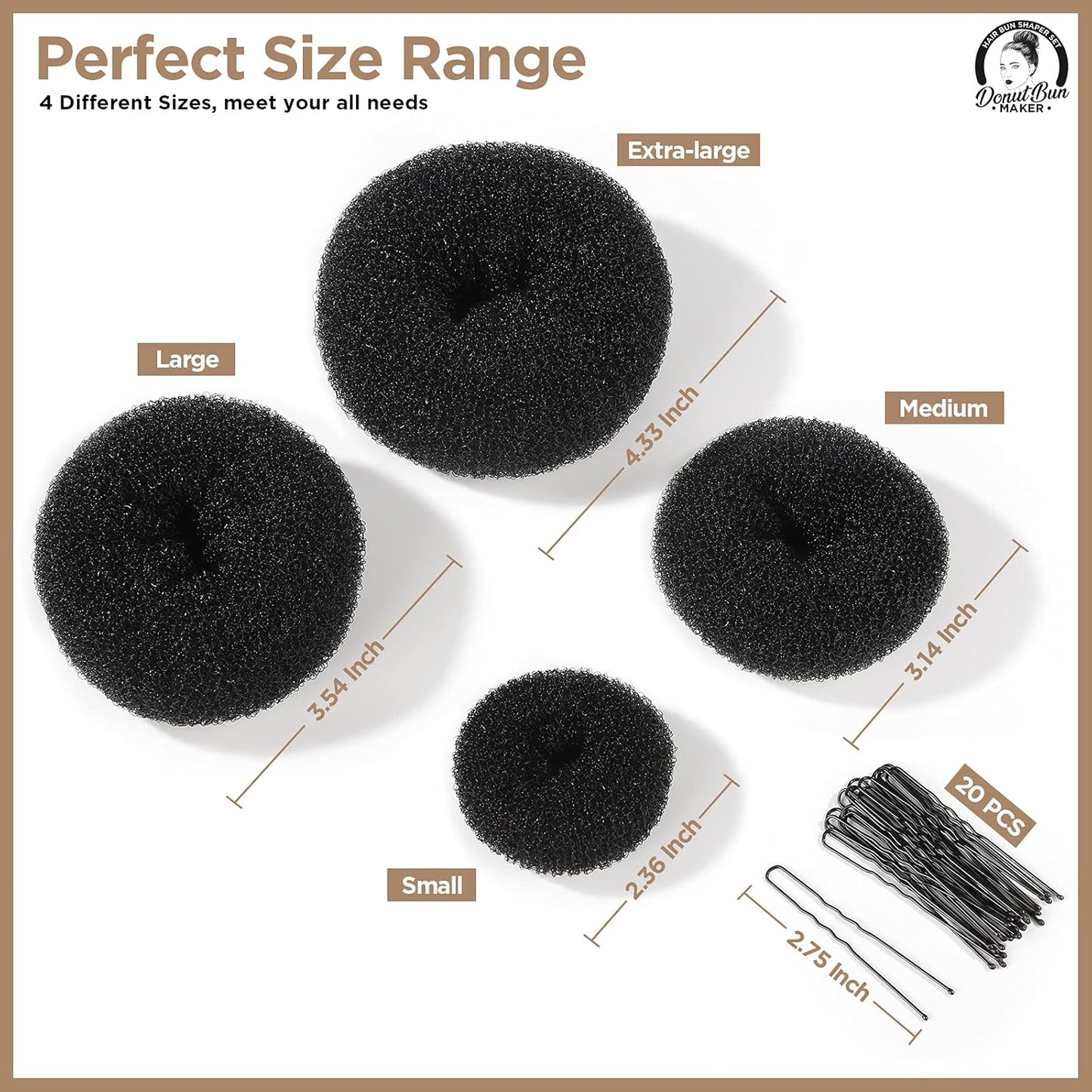 Teenitor Hair Donut, Hair Bun Maker, Black（Extra-large, Large, Medium and Small）