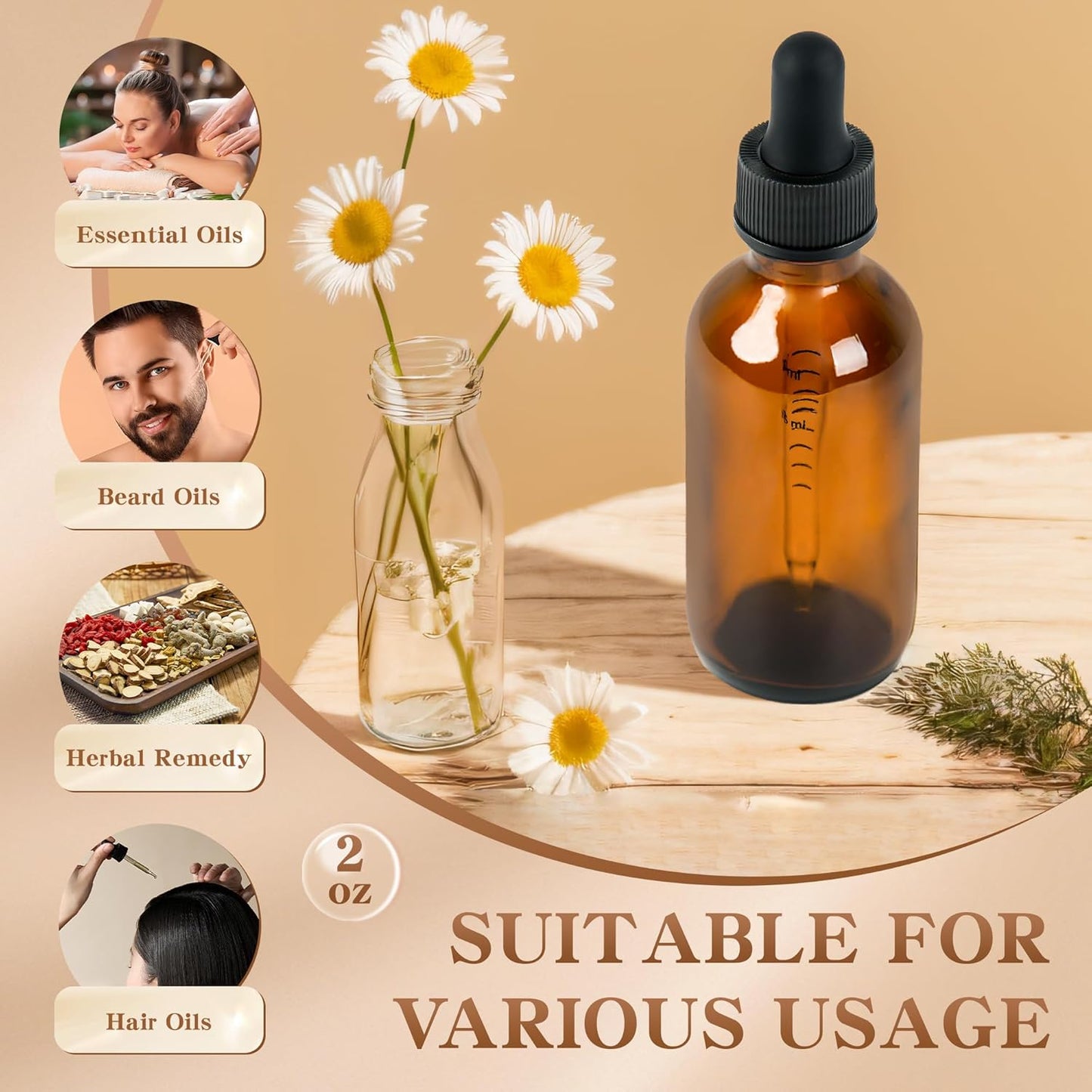 BILLIONSTARS 24 Pack 2oz Glass Boston Round Bottle with Graduated Calibrated Glass Pipettes - Amber - Tincture Bottles for Essential Oils, Liquids - Leakproof Travel Bottles