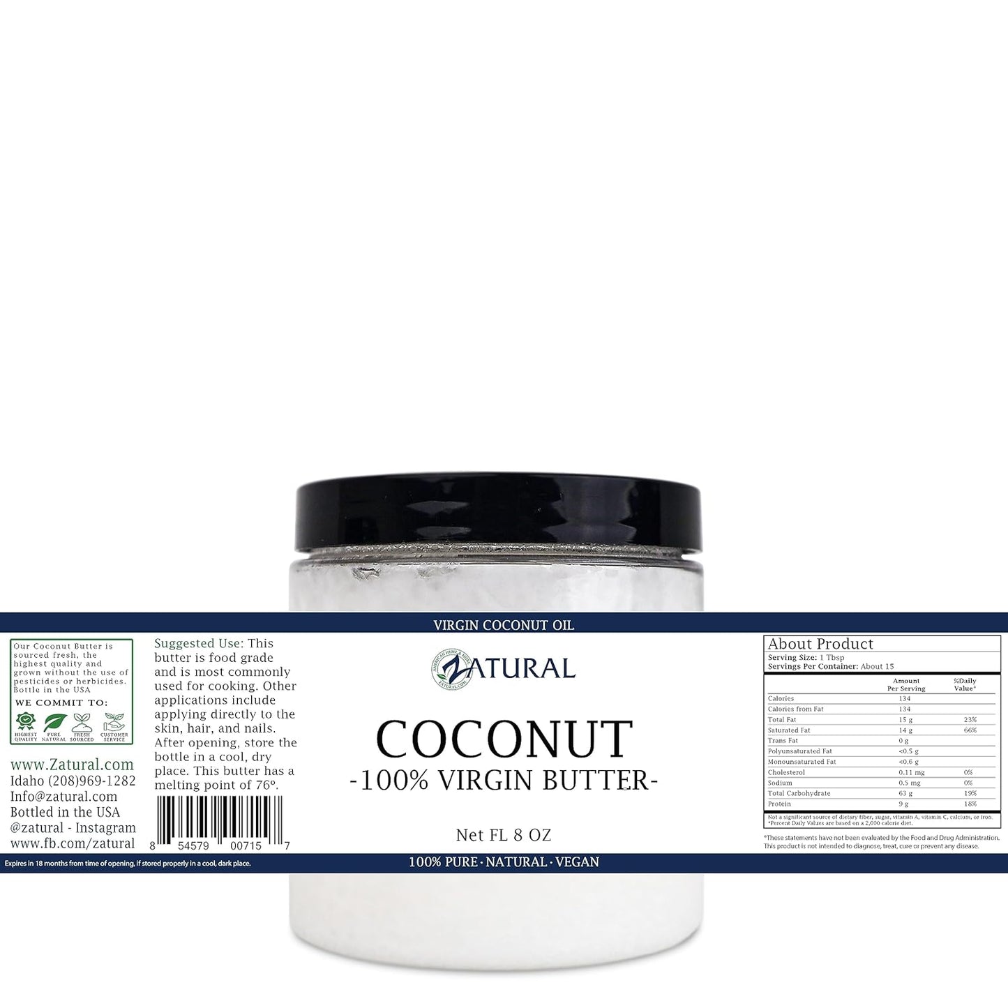 Zatural Coconut Oil, 100% Virgin Organic Extra Virgin Unrefined, Cold Pressed, 8 Pounds (8 Ounce)