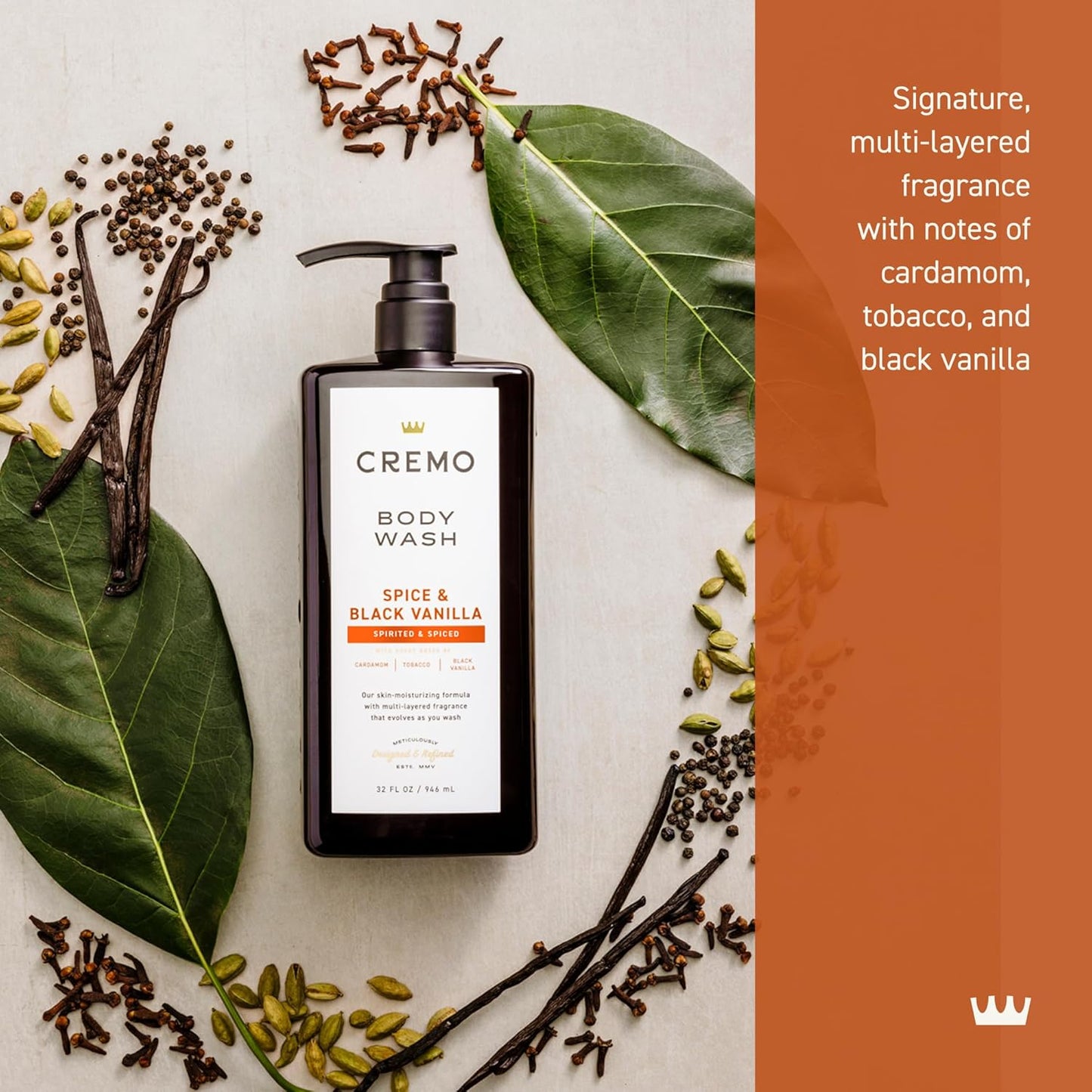 Cremo Rich-Lathering Spice & Black Vanilla Body Wash for Men, Notes of Spices, Dark Woods and Black Vanilla, 32 Fl Oz