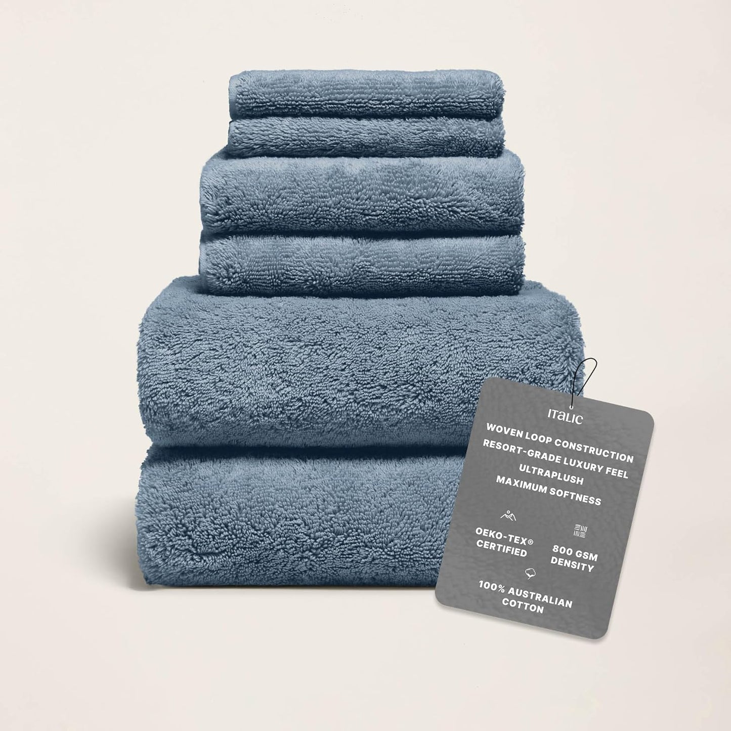 Italic Ultraplush 100% Australian Cotton Towels Standard 6 Piece Set, 2 Bath, 2 Hand, 2 Washcloths, 800GSM Lightweight, Highly Absorbent Quick Dry Soft Resort Grade Towels (Glacier)