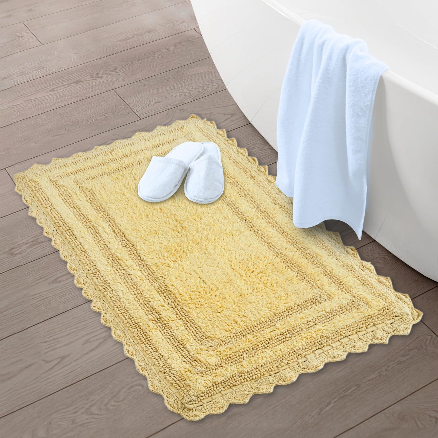 RAJRANG Bath Rug for Bathroom Kitchen Spa with Crochet Pattern Cotton Absorbent Soft Reversible Woven Bath Mat Pale Banana Rectangle 34x21 Inches