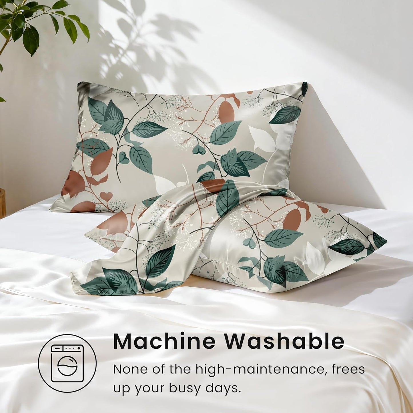 EXQ Home Satin Pillowcase for Hair and Skin Queen - Printed Green Leaves Silk Pillow Cases 2 Pack 20x30 inches - Satin Pillow Cases Set of 2 with Envelope Closure, Gifts for Women Men