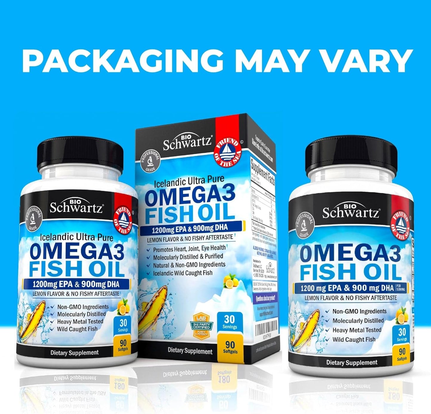 Triple Strength Omega 3 Fish Oil Supplement - 2250mg EPA DHA Omega 3 Fatty Acids from Fresh Wild Caught Fish, Burpless Lemon Flavor Formula Supports Eye Health and More, Gluten Free, 90 Softgels