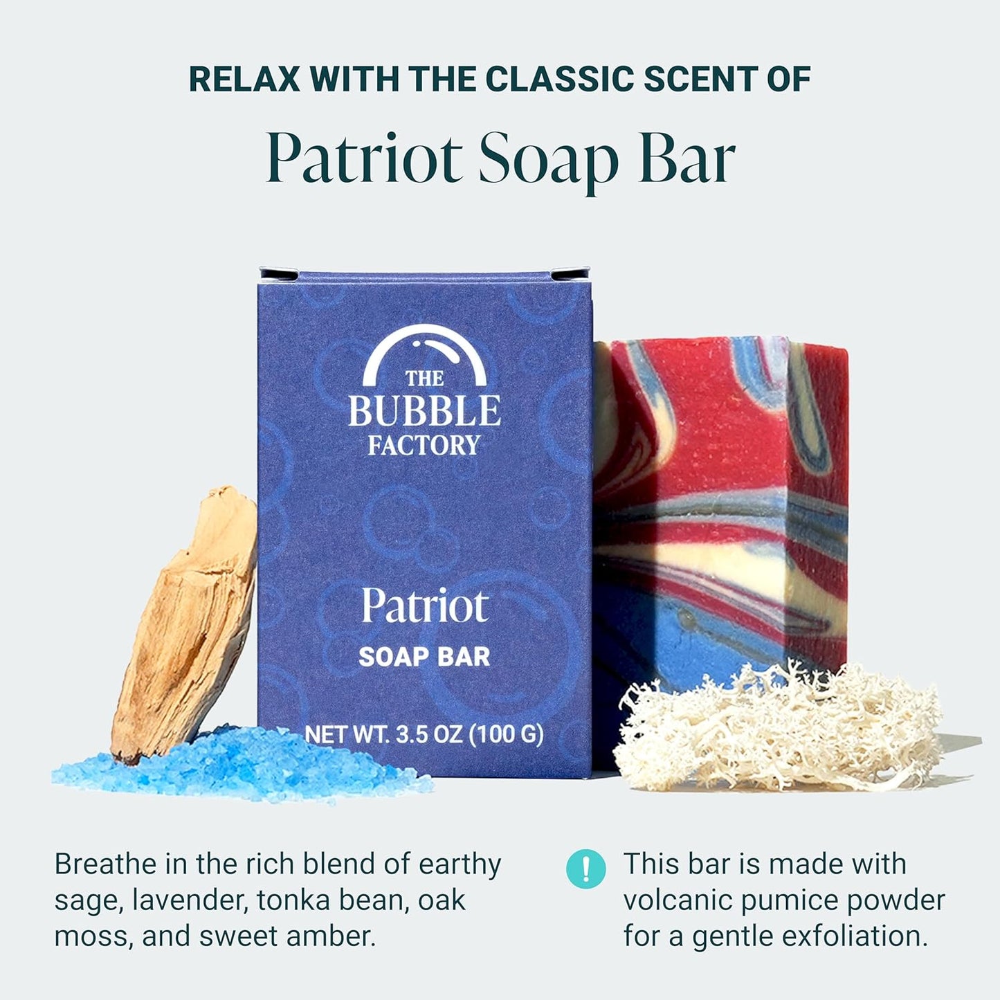 The Bubble Factory Handmade Soap, All Natural Soap for Women & Men, Hand, Bath & Body Natural Bar Soap, Vegan, Palm Oil Free, Made in USA with Shea Butter + Essential Oils, Patriot, Single