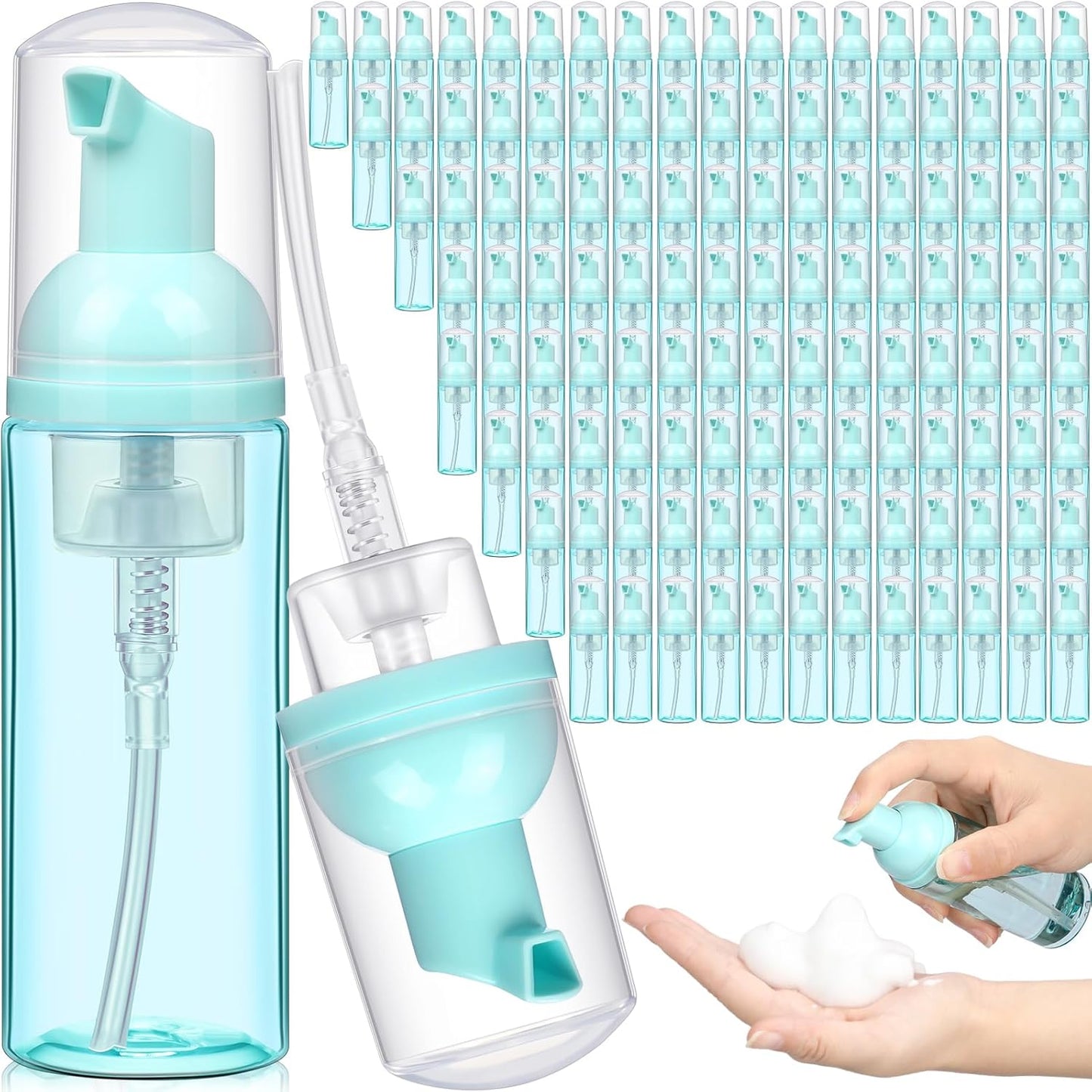 Dandat 120 Pcs 2 oz Plastic Foam Soap Dispensers Bulk Refillable Foaming Pump Bottle Empty Mini Shampoo Lash Cleaning Bottles for Travel Cosmetics Hand Soap(Green)