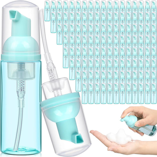 Dandat 120 Pcs 2 oz Plastic Foam Soap Dispensers Bulk Refillable Foaming Pump Bottle Empty Mini Shampoo Lash Cleaning Bottles for Travel Cosmetics Hand Soap(Green)