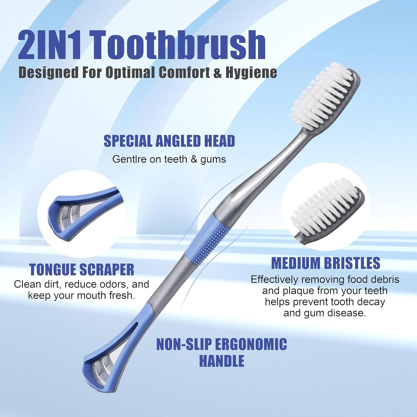 2IN1 Toothbrush Medium with Tongue Scraper, Medium Toothbrushes for Adults, Travel Toothbrushes with Ergonomic Handle, Assorted Colors, 6 Pack
