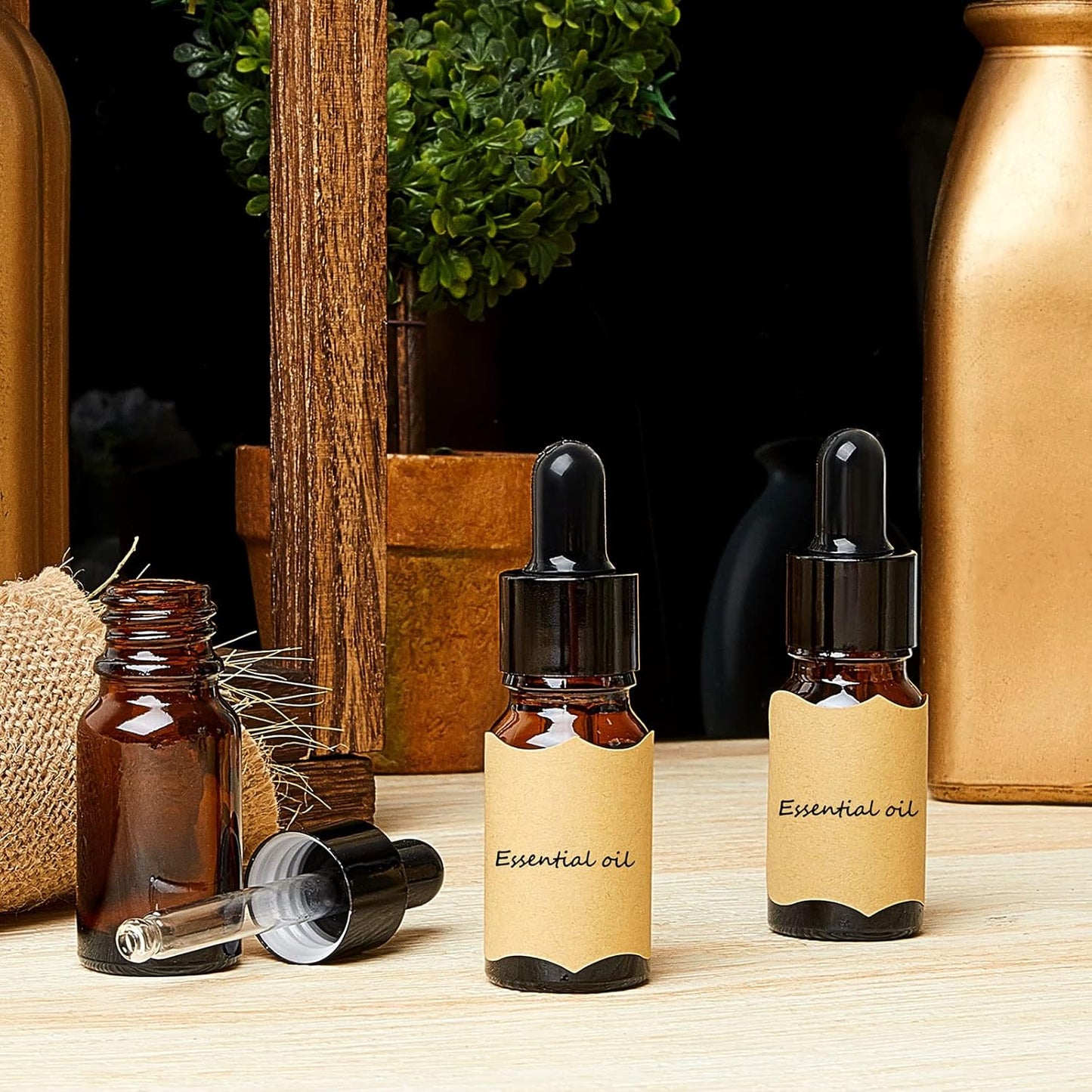 Lallisa 100 Pack Essential Oil Dropper Bottle 10 ml (1/3 Oz) Glass Dropper Bottles DIY for Diy essential Oil Perfume with 5 Funnels 5 Pipettes 3ml 100 Labels for Bathrooms, Hotels, Labs (Amber)