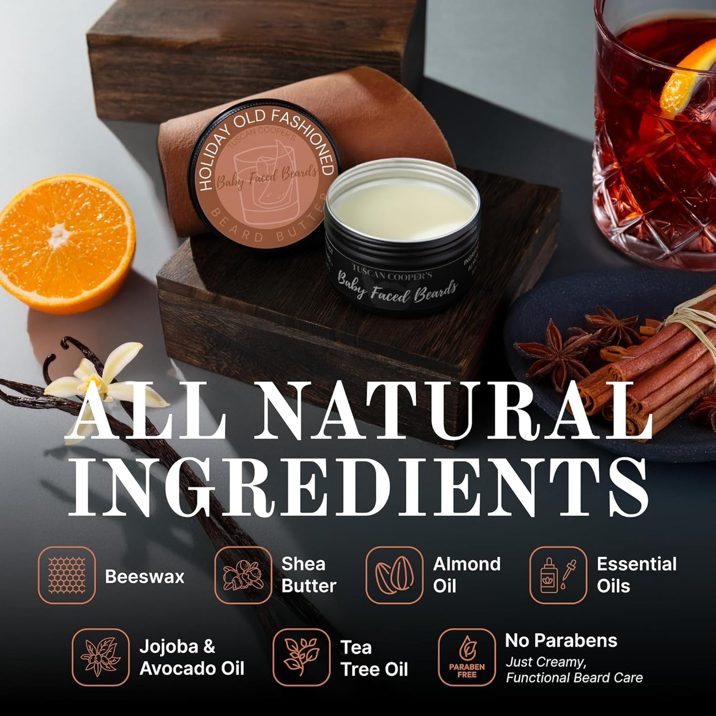 Tuscan Cooper's Baby Faced Beards Butter for Men - Moisturizing Beard Balm Cream and Softener for All Hair Types Including Coarse Hair - 4oz Hydration and Conditioning Care - Holiday Old Fashioned