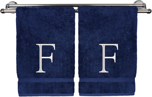 Monogrammed Hand Towel, Personalized Initial Gift, Extra Absorbent 100% Turkish Cotton - Soft Terry Finish - Set of 2 - White Block Initial F - Embroidered on Navy Blue Towels