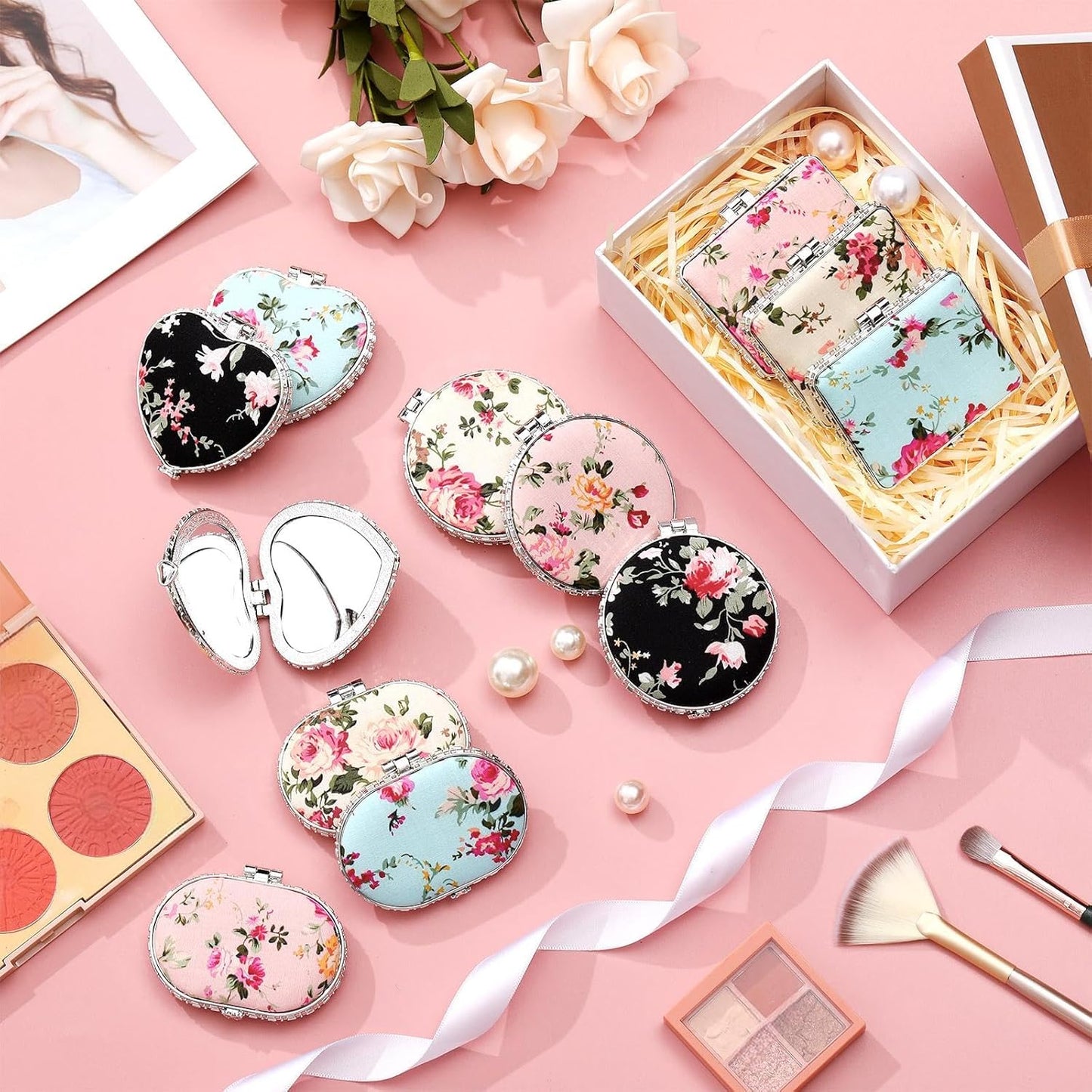 Blulu 16 Pcs Compact Mirrors for Purse Bulk Small Flower Pocket Mirror Vintage Portable Floral Folding Tea Party Favors Return Gifts for Women Christmas Birthday Wedding Makeup Travel(Silver Edge)