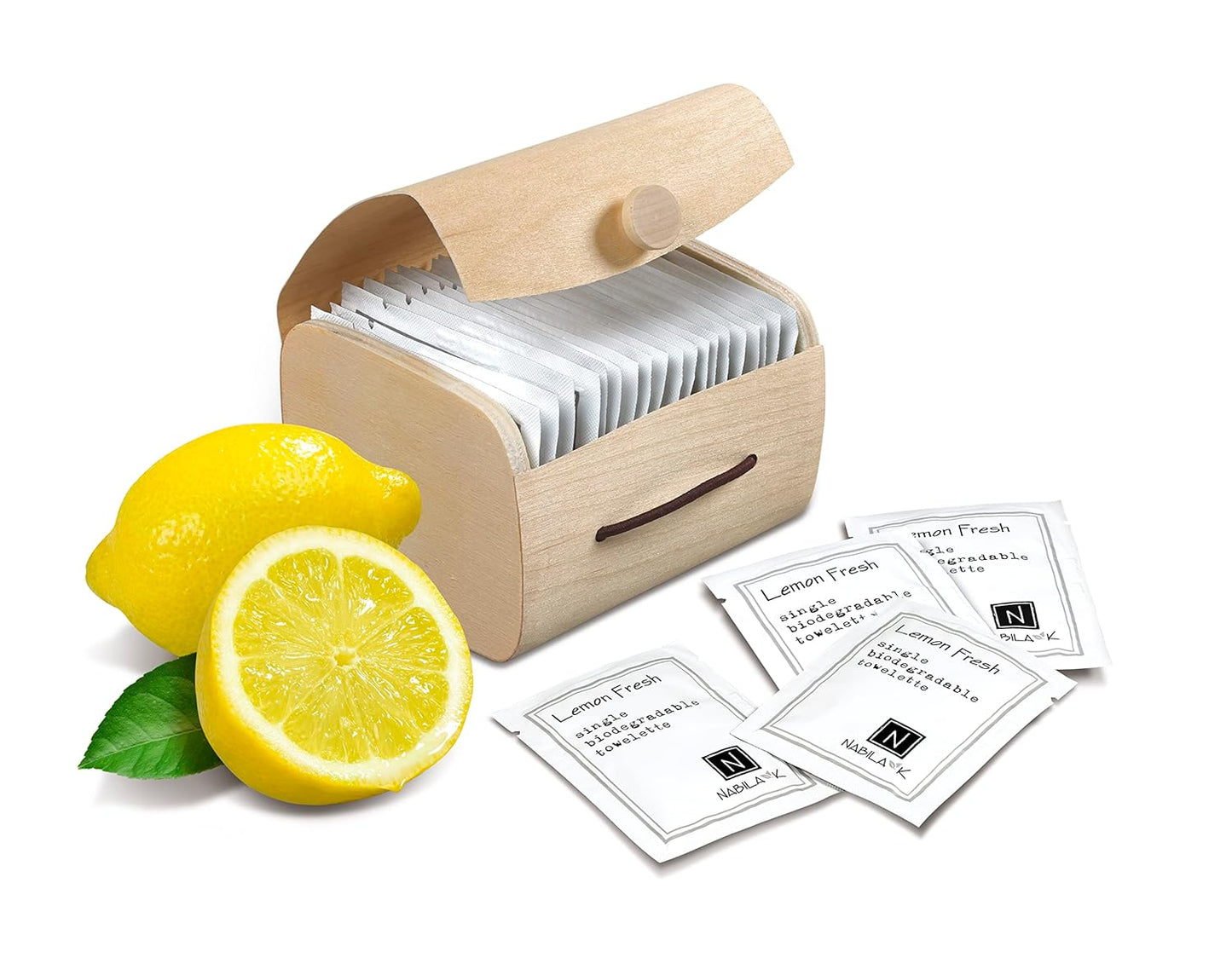 Lemon Fresh Scented Moist Towelettes Single Use by Nabila K - Alcohol-Free, Plant-Based with Natural Ingredients - Individually Wrapped Disposable Travel Size Wipes with Bamboo Case - 20 Count