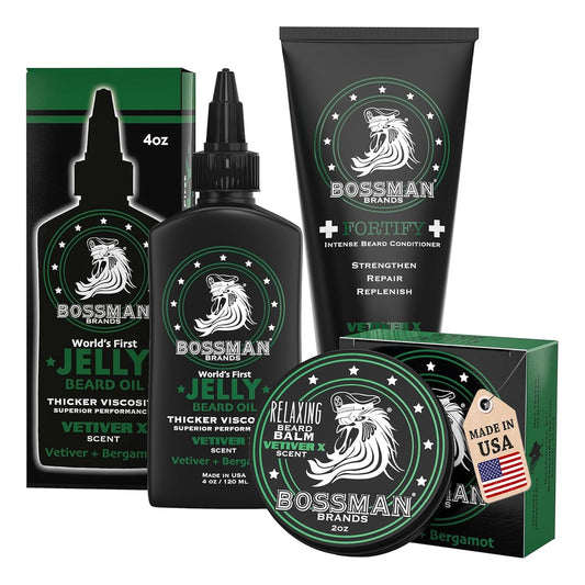 Bossman Essentials Beard Kit for Men, Set of 3 - Beard Oil Jelly, Fortifying Conditioner Cream, Beard Balm - Grooming Growth Care Accessories - Gift Set for Men (Vetiver X)