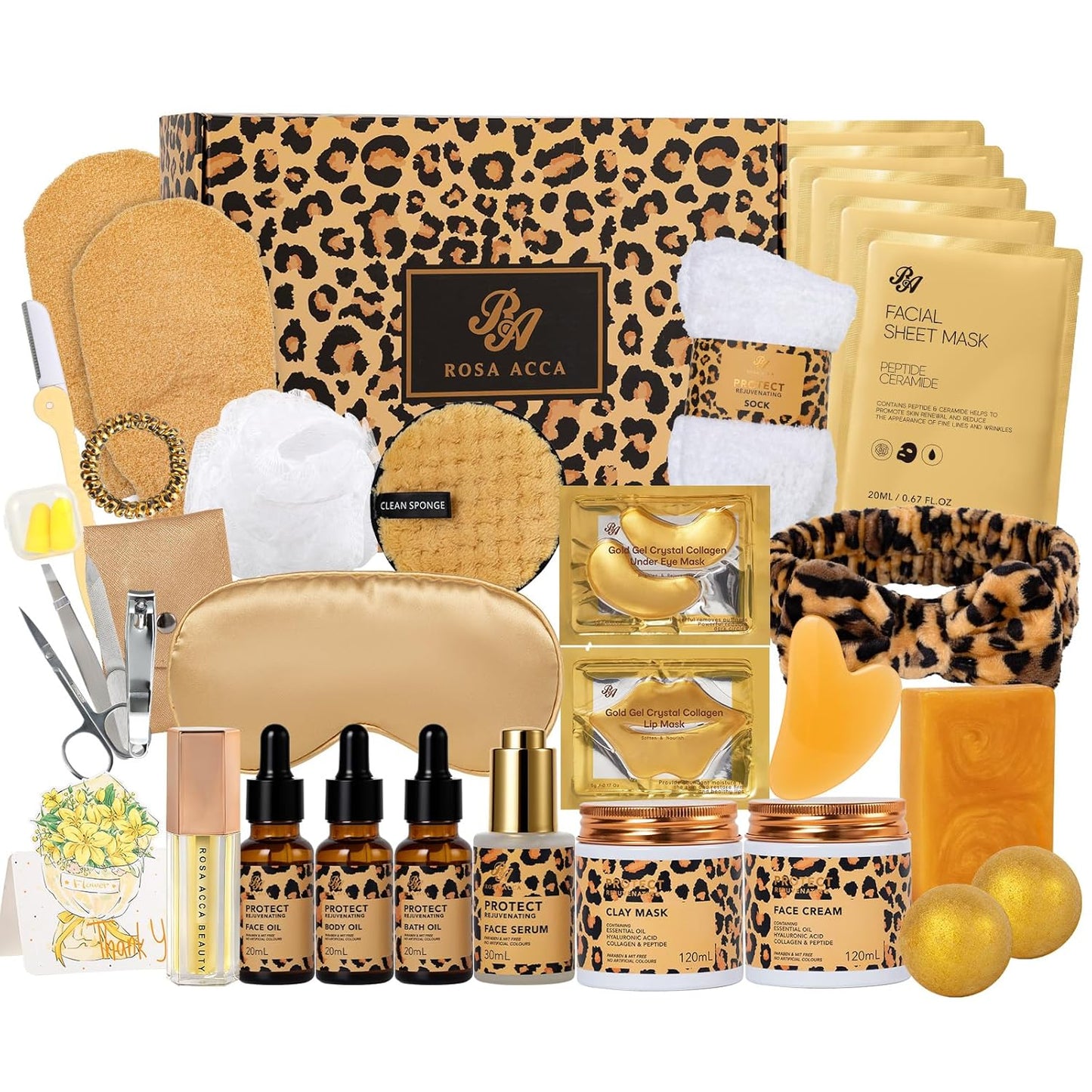 Leopard 32 Pcs Facial Skin Care Set, Spa & Self-Care Gifts, Bath and Body Gifts for Women, Lip Oil, Face Sheet Mask, Bath Oil, Hyaluronic Acid, Birthday, Christmas, Valentines