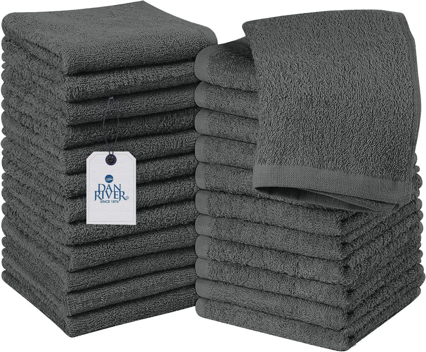 DAN RIVER 100% Cotton Wash Cloths 24 Pack [12x12] Soft & Absorbent face wash Cloth, Gym, Hotels & Spa Perfect for Everyday Use Fingertip Towels, Gray
