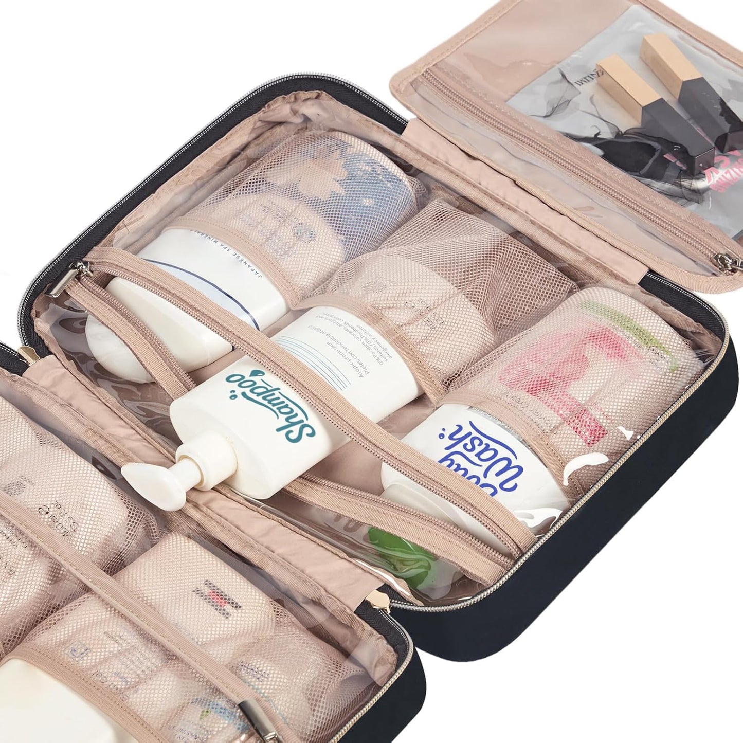 NISHEL Travel Toiletry Bag for women, Portable Hanging Organizer for Family-Sized Shampoo, Conditioner, Brushes Set, Makeup Accessories, Extra Large Size, Black