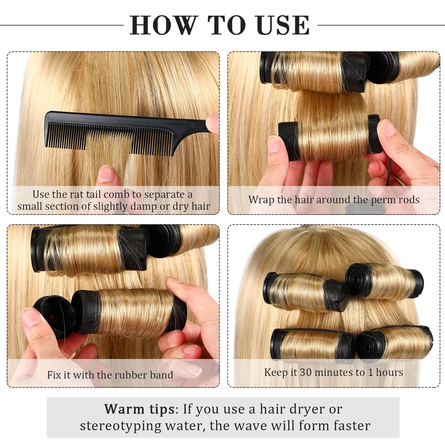 WILLBOND 36 Pieces Cold Wave Rod Hair Perm Rods Hair Rollers Perming Curlers with Steel Rat Tail Comb for Hairdressing Styling