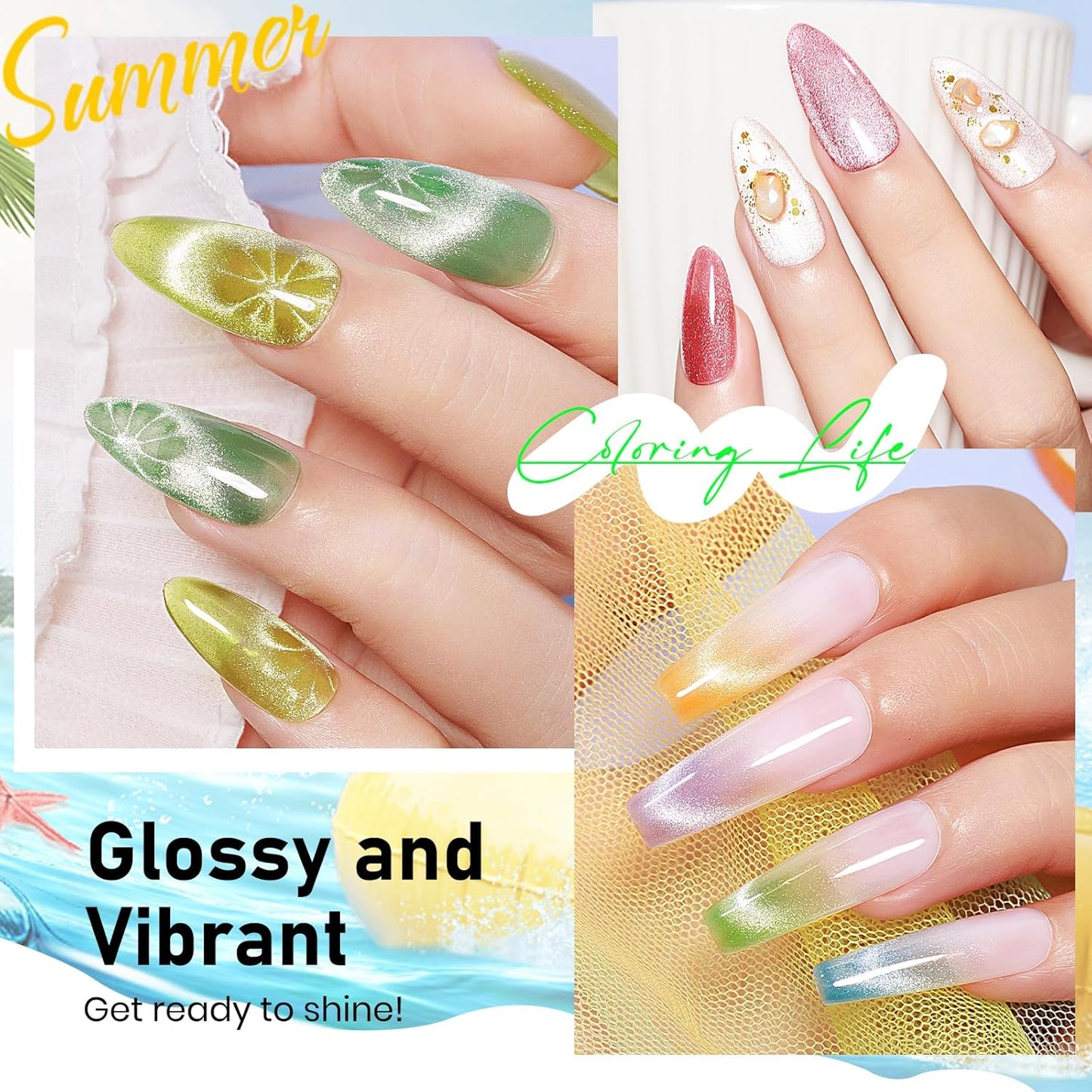 MIZHSE Cat Eye Gel Nail Polish: 8 Colors Summer Magnetic Gel Polish Kit with Magnet Stick, Shimmery Glitter Neon Colors Green Yellow Blue Soak Off Nail Art Salon Home Manicure Women Gift