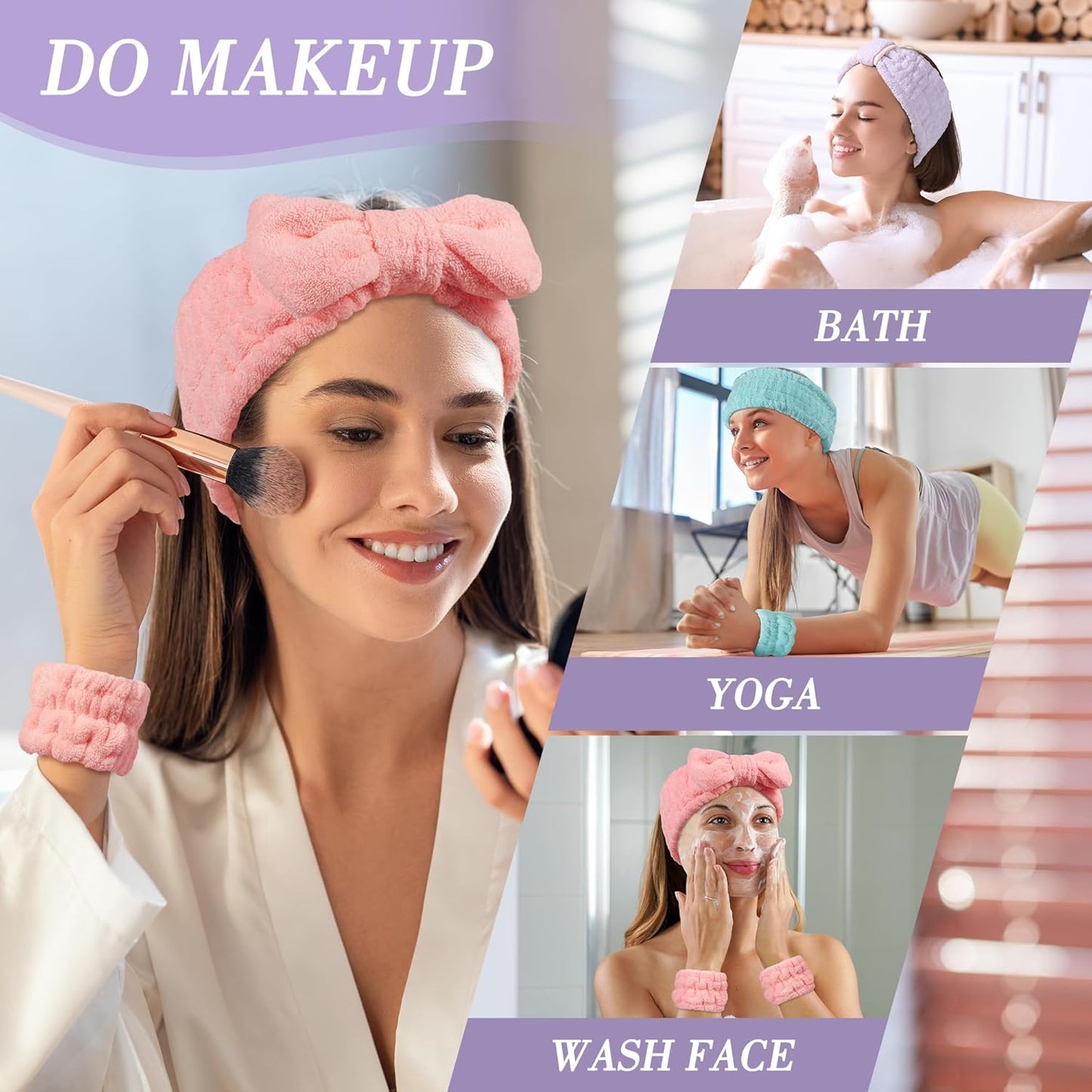 Spa Headband and Wristband Set - 3-Piece Skincare Headbands & 6-Piece Wrist Spa Wristbands for Women,Facial Hairbands for Washing Face, Makeup, Sports, Yoga, Headband for Washing Face