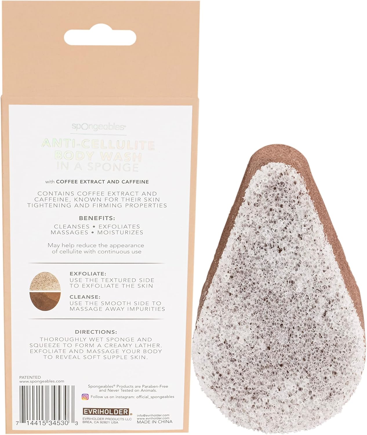 Spongeables Anti Cellulite Body Wash in a 20+ Wash Sponge, Coffee, 1 Count