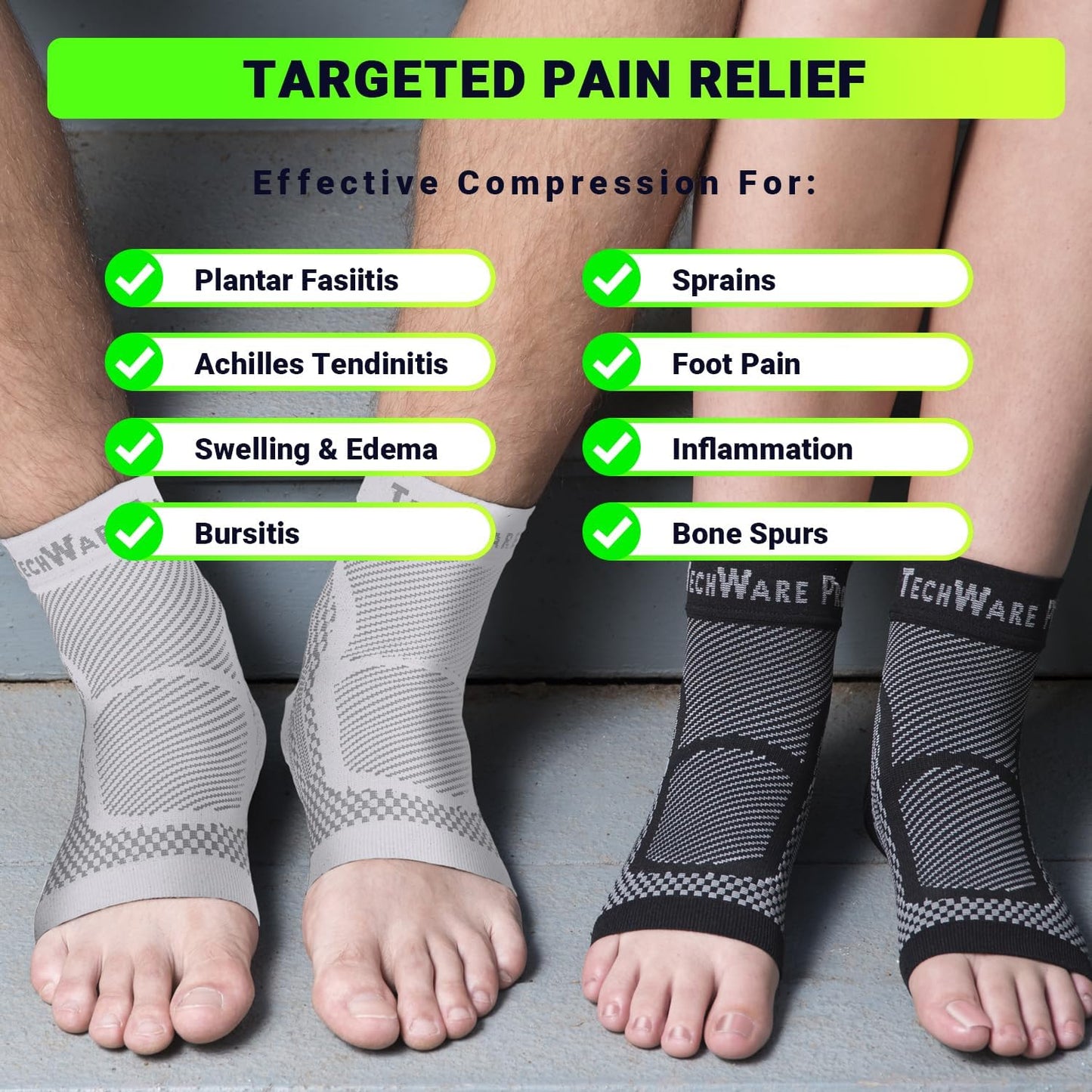 TechWare Pro Ankle Brace Compression Sleeve - Plantar Fasciitis Sock. Relieves Achilles Tendonitis. Foot Arch Support Reduces Joint Pain, Swelling & Heel Spur Pain. Injury Recovery Braces for Sports