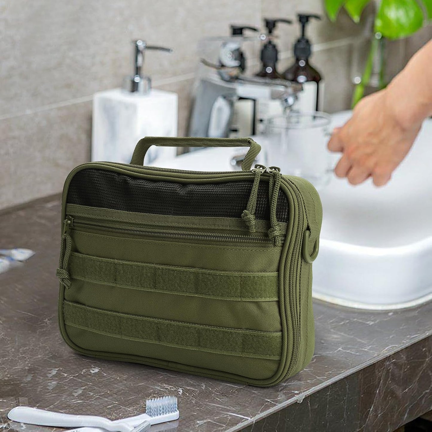 SUNRISING Tactical Toiletry Bag for Men - Hanging Travel Dopp Kit, Shaving Hygiene Organizer, Durable Bathroom Essentials for Short Trips & Camping Army Green