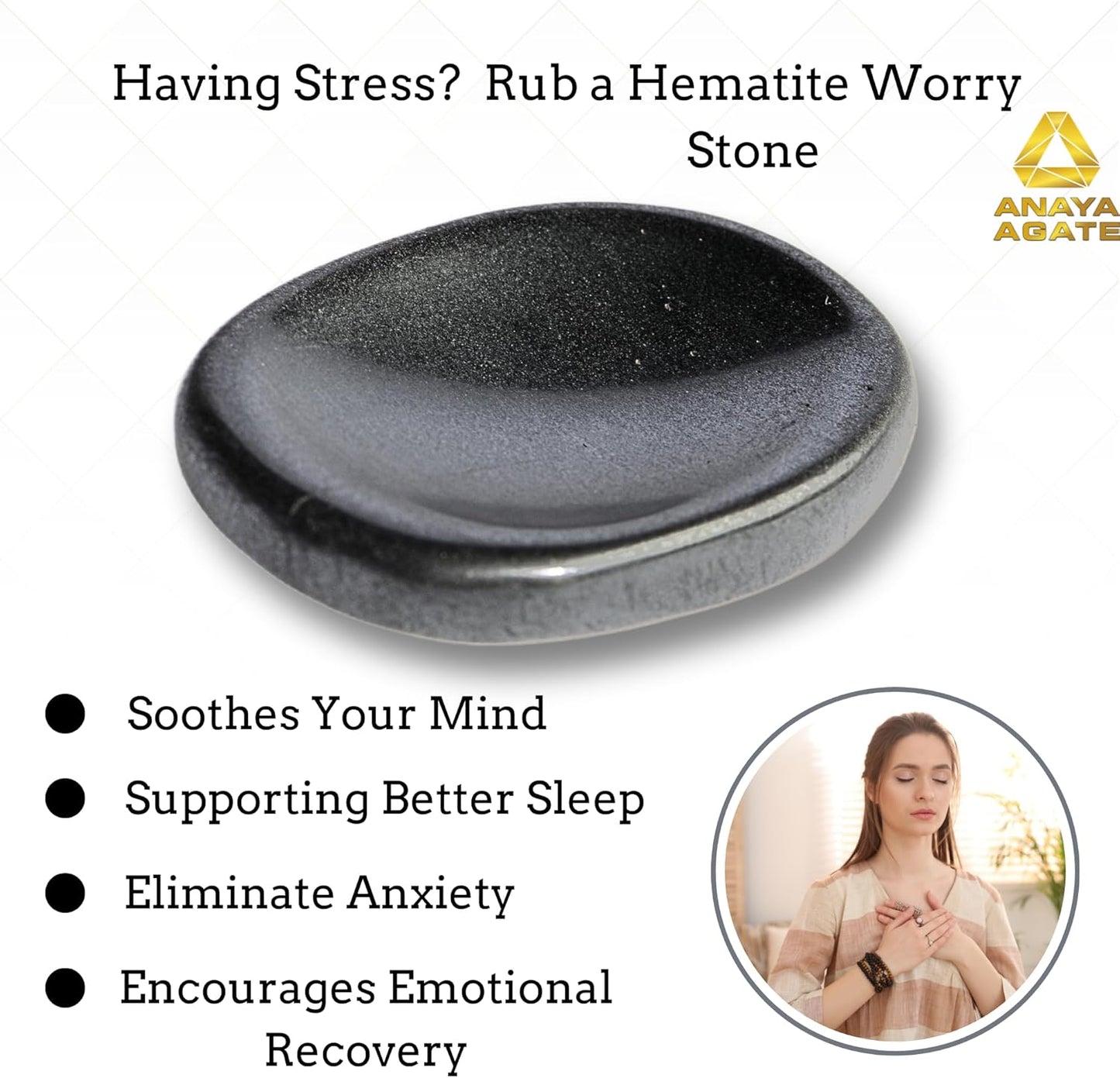 Hematite Worry Stones – Crystal Thumb Worry Stone for Anxiety, Stress – Relaxing and Soothing Balance Stones for Meditation, Stress Relief – Healing Stones and Crystals for Men and Women
