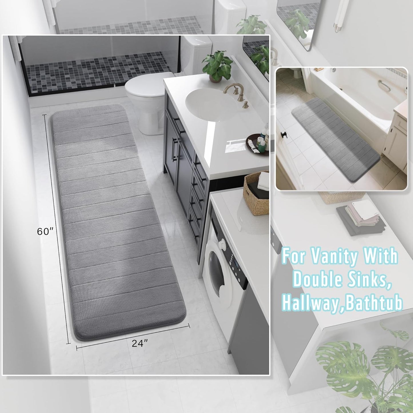 Yimobra Bathroom Runner 60"x24", Non Slip Memory Foam Bath Mat, Super Soft Water Absorbent Hallway Carpet, Machine Washable Rug for Vanity Tub Shower, Gray