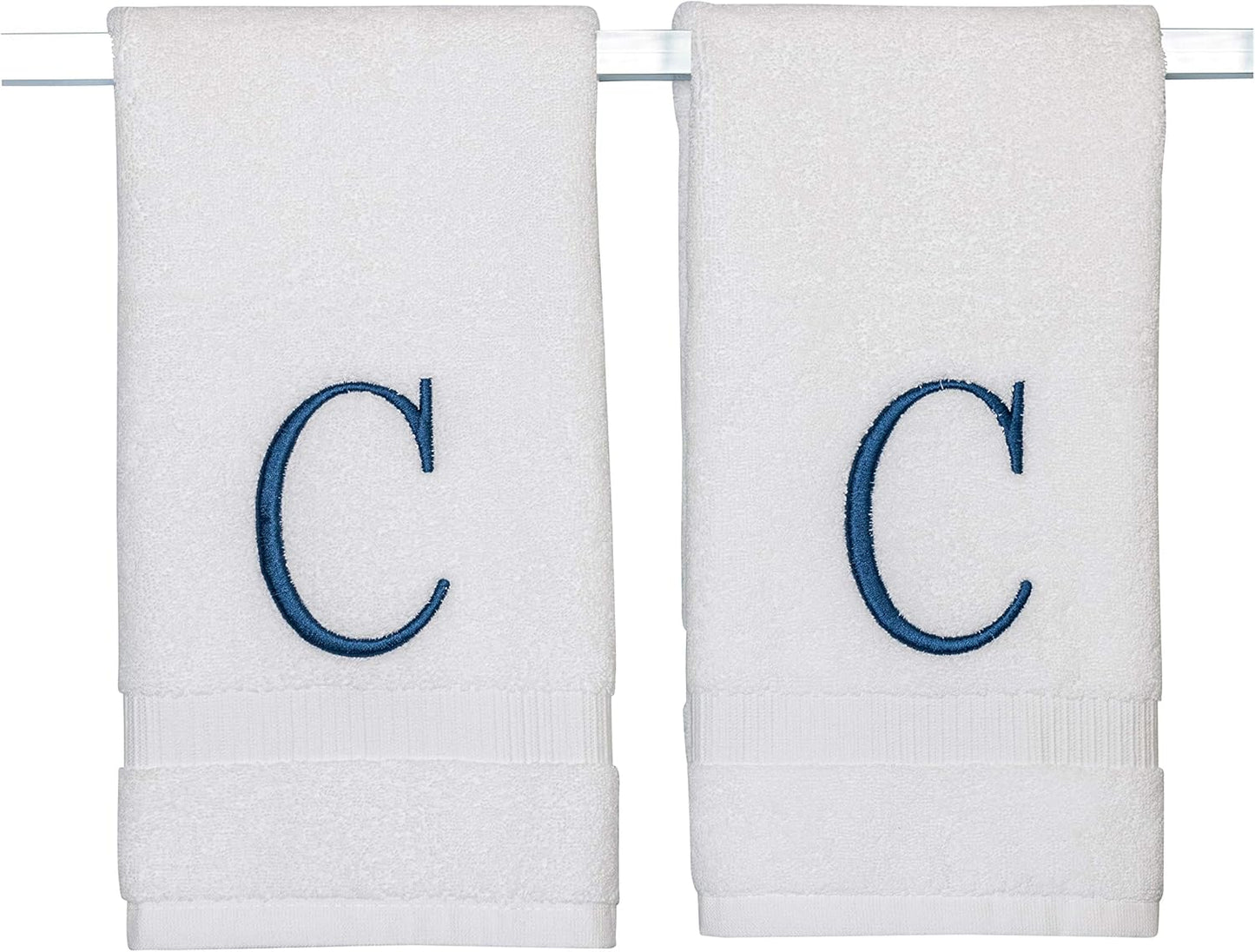 Monogrammed Hand Towels for Bathroom - Luxury Hotel Quality Personalized Initial Decorative Embroidered Bath Towel for Powder Room, Spa - GOTS Organic Certified - Set of 2 Navy Letter C