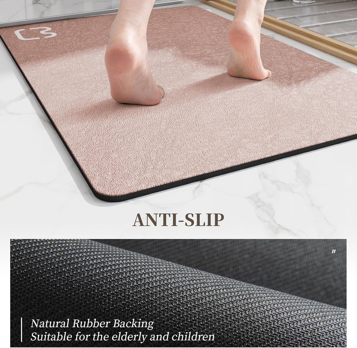 Diatomaceous Earth Bath Mat Rugs Quick Dry Super Absorbent Non Slip Rubber BottomThin Bathroom Mat Fit Under Door, Floor Rugs in Front of Bathtub,Shower Room,Sink,Washable, 17" x 32", Blush Pink