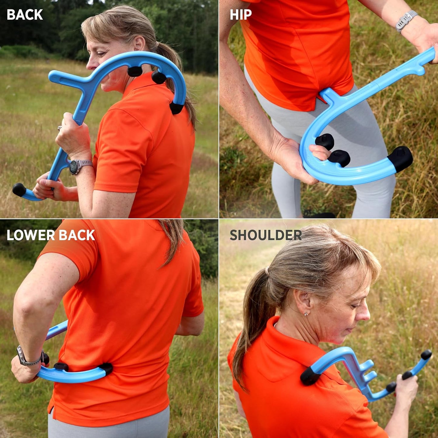 Tiger Tail Tiger Cane Back & Neck Massager – Trigger Point Deep Tissue Acupressure Hook with 7 Gription Knobs, Portable 2-Piece Self Massage Tool for Muscle Knot & Shoulder Pain Relief, Blue