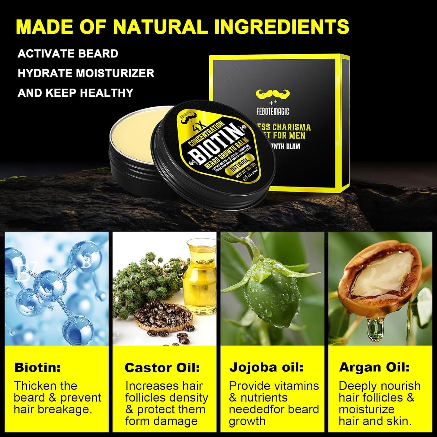 Biotin Beard Growth Balm for Men – Conditioning & Thickening Balm with Castor, Shea & Jojoba Oils – Non-Greasy, Softens & Nourishes for Fuller, Thicker Facial Hair – Unscented – 2 oz