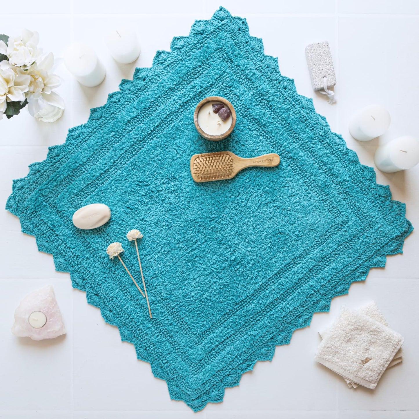 RAJRANG Ocean Bluebird Square Bath Rug – 24 Inch Cotton Bathroom Mat with Crochet Pattern, Reversible and Absorbent Boho Style Rug for Kitchen, Spa, or Vanity Area